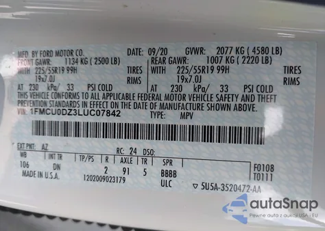 2020 Ford Escape Titanium Hybrid z USA, uszkodzony, nr VIN 1FMCU0DZ3LUC07842